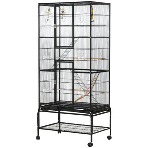 71" Bird Cage with Wheels Perches, Ramp, Storage Shelf, Toys for Canaries, Finches, Cockatiels, Parakeets