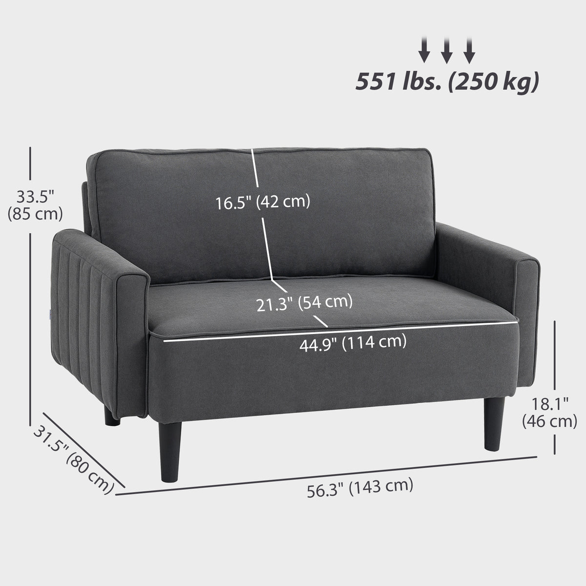 Loveseat Sofa, Linen 2 Seater Sofa Couch with Thick Padded Seat & Backrest for Living Room, Home Office, Dark Grey