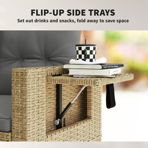 Wicker Outdoor Sofa with Side Trays, Rattan Patio Loveseat with Cushions for Garden Balcony, Light Grey