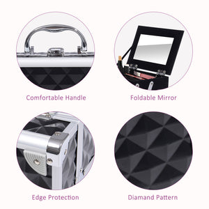 3 Tier Diamond Texture Makeup Train Case Cosmetic Organizer with Mirror, Black – view 4