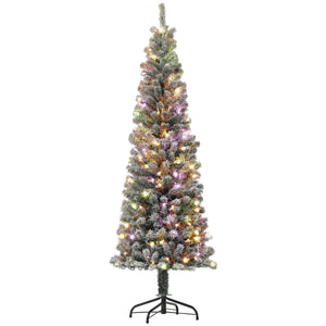6ft Prelit Pencil Artificial Christmas Tree, Flocked Xmas Tree with Remote, Dual Colour LEDs, 429 Tips, Metal Stand