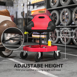 Rolling Garage Stool, 300 LBS Capacity Mechanic Stool with 5" Wheels, Tool Tray Storage, Adjustable Height, Red