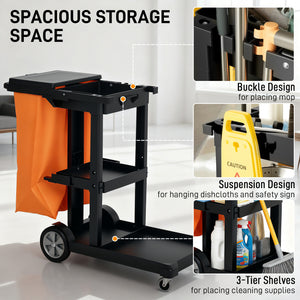 Commercial Janitorial Cart with 3 Tier Shelves, Professional Cleaning Cart with Rubbish Bag with Lid and – view 10