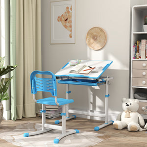 Qaba Height Adjustable Study Table and Chair Set with Drawer, Pen Slot, Tiltable Desktop, Hook