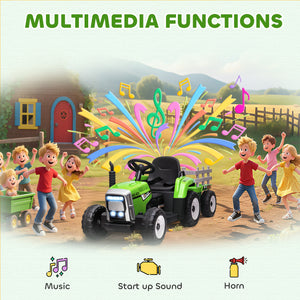 Aosom 12V Kids Ride on Tractor with Trailer, Battery Powered Electric Kids Car with Remote Control, Music Start up Sound and Horn, USB, LED Lights