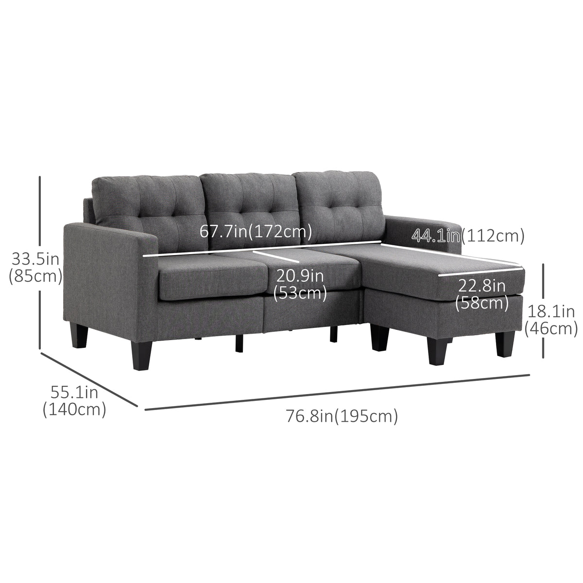 L-shaped Sofa, 3 Seater Couch with Ottoman, Corner Sofa with Thick Padded Cushion and Wood Legs, Dark Grey