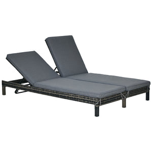 Wicker Double Chaise Lounge Chair Outdoor Recliner 2 Person Rattan Patio Reclining Sunbed Furniture Cushioned w/Adjustable Backrest, Black, Grey
