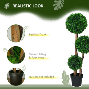 3ft Artificial Tree, Triple Ball Boxwood Topiary with Pot and Sandalwood Leaves, for Indoor Outdoor Home