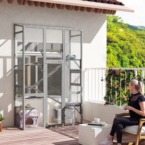 Large Outdoor Catio with 6 Jumping Platforms, Scratching Post, 2 Ramps, Waterproof Roof, Grey – view 7