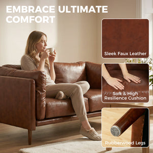 59" Loveseat Sofa, PU Leather 2 Seater Sofa with Wide Seat, High-Density Foam, Thick Cushion, Wood Legs, Brown