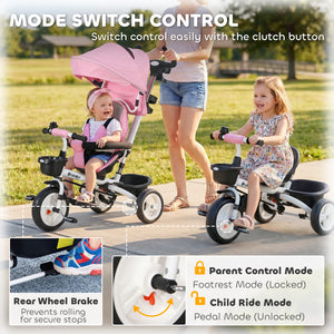 Qaba 6 in 1 Toddler Tricycle with Parent Push Handle, Canopy, Storage Baskets, Cupholder, Dark