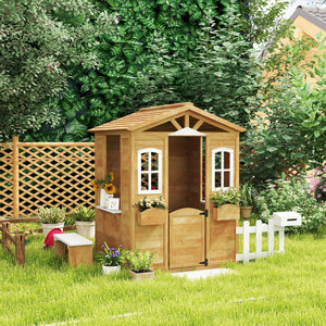 Wooden Kids Playhouse with Door Windows Mailbox Flower Pot Holder Serving Station Bench Yellow
