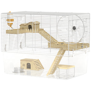 Hamster Cage with Deep Bottom, Wooden Ramp, Hut, Bathroom and Exercise Wheel for Hamster and Gerbil, White
