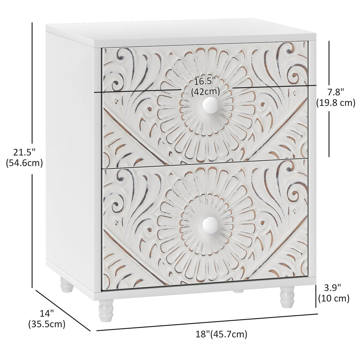Mid-Century Bedside Table, Nightstand with 2 Drawers, Side End Table for Bedroom, White