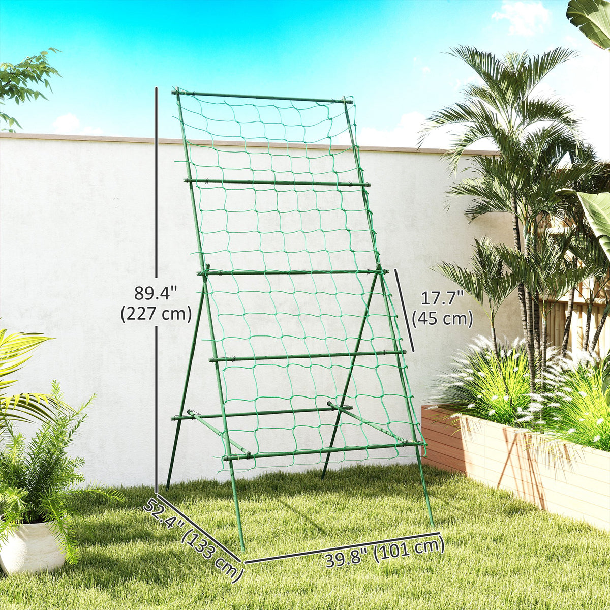 Cucumber Trellis for Climbing Plants, Adjustable A-Frame Garden Trellis with Climbing Net, 20 Metal Clips, 4 Net Straps