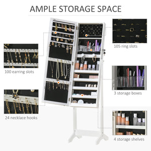 Lockable Jewelry Armoire with LED Light, Standing Mirror with Storage for Bedroom Dressing Room, White