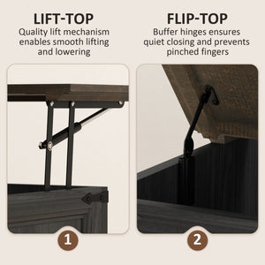Lift Top Coffee Table with Charging Station, Square Farmhouse Center Table with Hidden Storage, Black Wood Grain