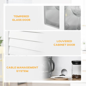 Coastal Style Kitchen Buffet and Hutch Wooden Storage Cupboard with Framed Glass Door LouveredCabinet Drawers Microwave Space for Dining Room Living Room White