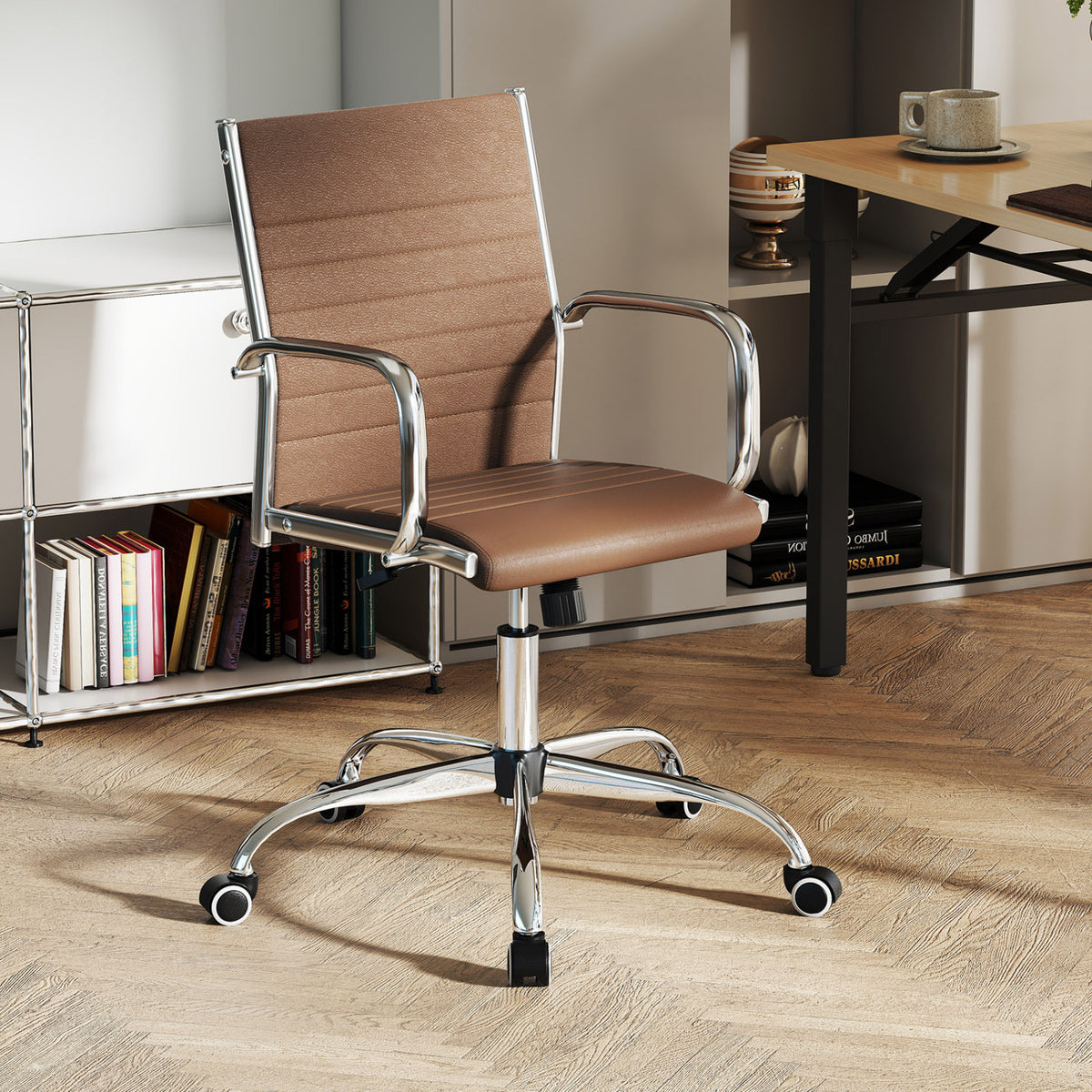 Office Chair Height Adjustable Conference Room Chair with Rocking Backrest Armrests-Brown view 2