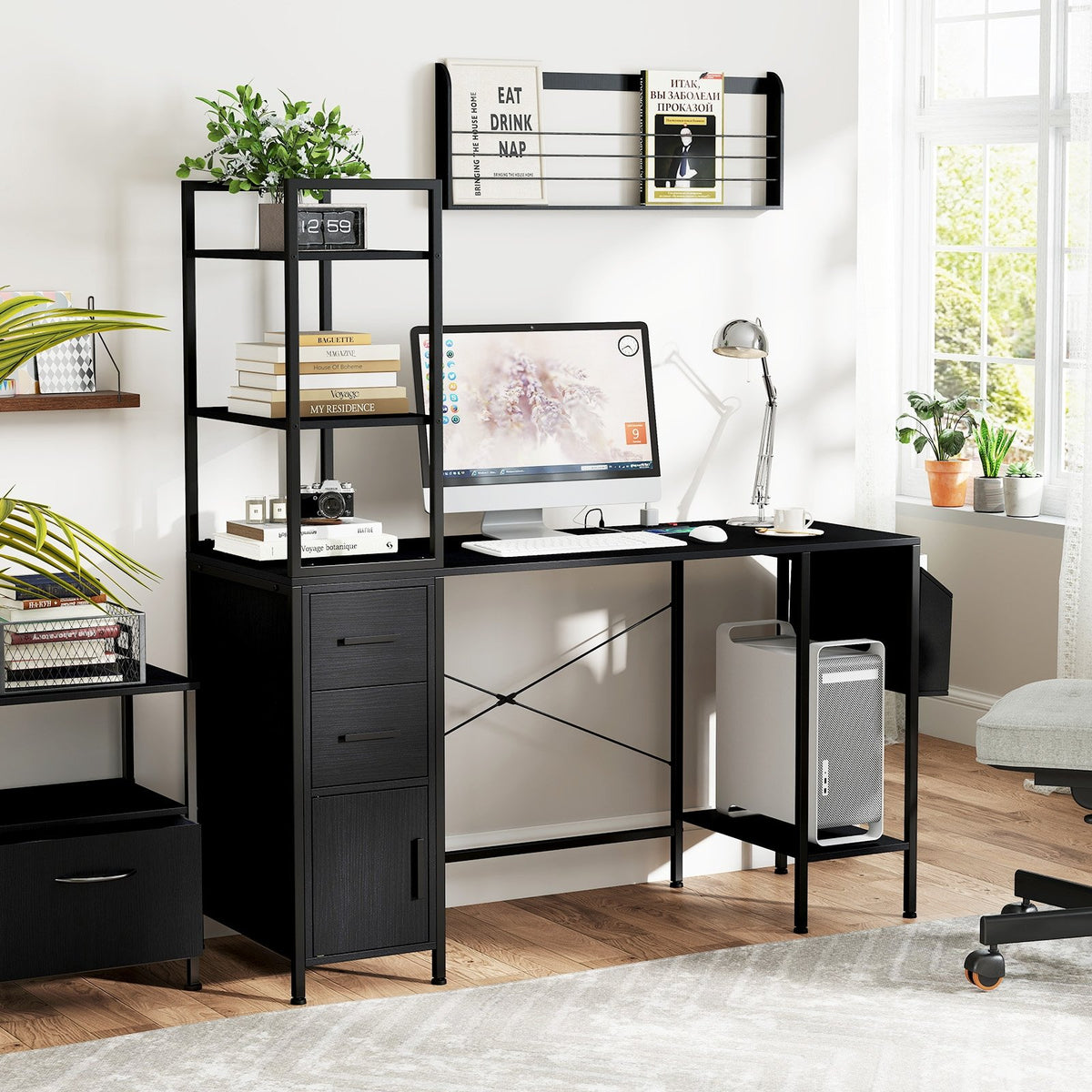 Office Desk with LED Lights and Power Outlets Computer Desk with Open Shelves-Black view 2
