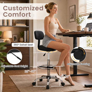 Office Drafting Chair with Back & Adjustable Footring and Wheels for Desk-Silver view 7