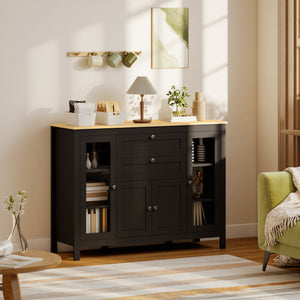 Buffet Cabinet Sideboard with 2 Drawers, 3 Storage Cabinets, Glass Doors and Adjustable Shelves, Dark Brown