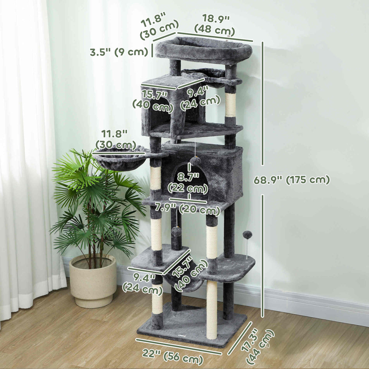 69" Cat Tree, Multi-Level Cat Tower with 2 Condos, Plush Perch and Sisal Scratching Posts, Dark Grey – view 2