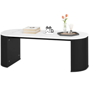 Coffee Table, Modern Marble-Effect Living Room Table with Round Corners and Thicken Legs, Black
