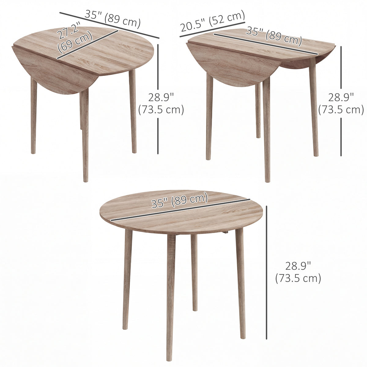 Folding Dining Table, Round Drop Leaf Kitchen Table for Small Spaces with Wood Legs, Oak – view 2