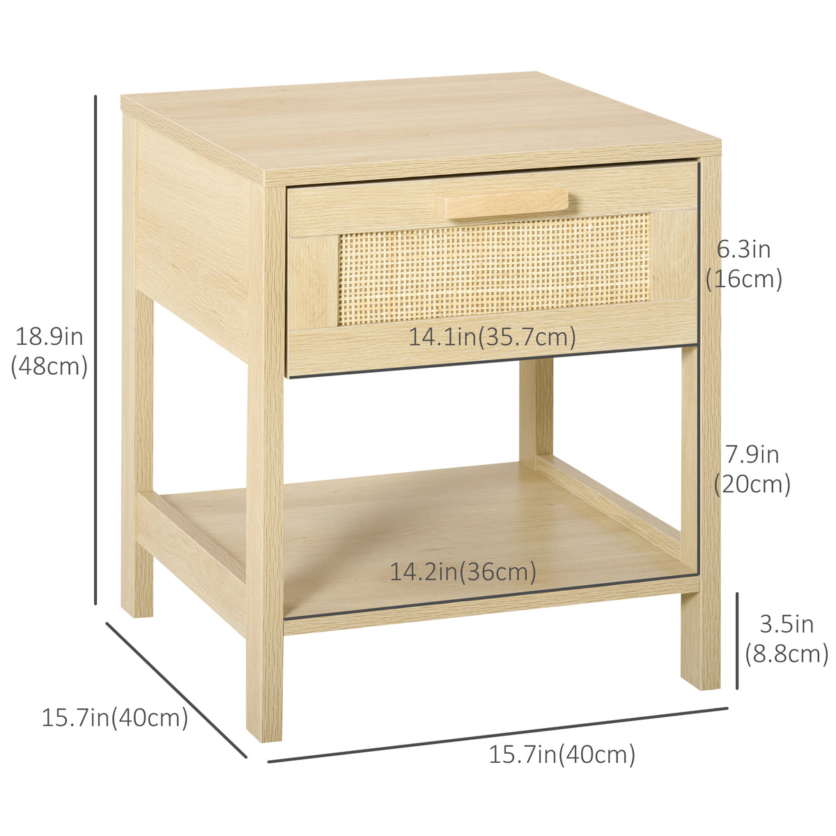 Narrow Nightstand with Rattan Elements, Bedside Table with Drawer and Storage Shelf for Bedroom, Natural – view 2