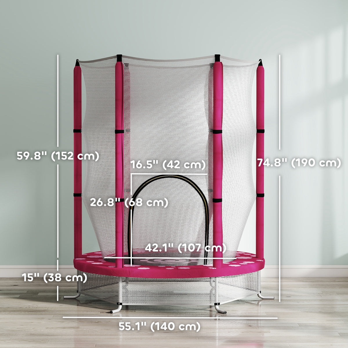 Qaba 55" Toddler Trampoline with Safety Enclosure Net, for Indoor Outdoor Use, Ages 3-6 Years, Pink