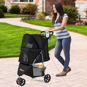 One-Click Folding Pet Stroller Lightweight Cat Strolling Cart with Adjustable Canopy-Black view 3