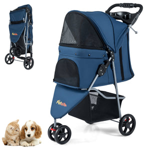 One-Click Folding Pet Stroller Lightweight Cat Strolling Cart with Adjustable Canopy-Navy
