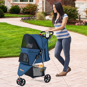 One-Click Folding Pet Stroller Lightweight Cat Strolling Cart with Adjustable Canopy-Navy view 2