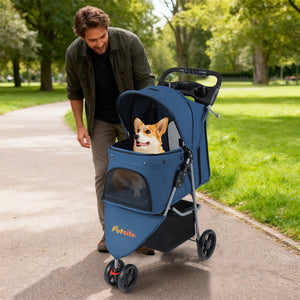 One-Click Folding Pet Stroller Lightweight Cat Strolling Cart with Adjustable Canopy-Navy view 3