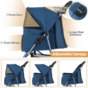 One-Click Folding Pet Stroller Lightweight Cat Strolling Cart with Adjustable Canopy-Navy view 6