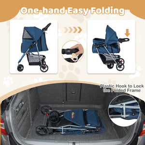 One-Click Folding Pet Stroller Lightweight Cat Strolling Cart with Adjustable Canopy-Navy view 7