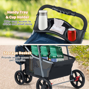 One-Click Folding Pet Stroller Lightweight Cat Strolling Cart with Adjustable Canopy-Navy view 8