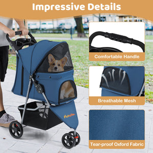 One-Click Folding Pet Stroller Lightweight Cat Strolling Cart with Adjustable Canopy-Navy view 9