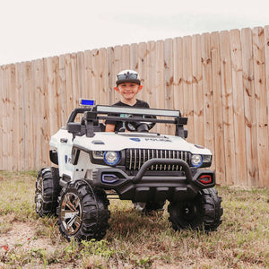 Kids 2 Seater Ride-On Car Police Truck Electric with LED Lights & MP3 for Kids White