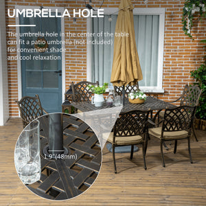 7 Pieces Patio Dining Set with Umbrella Hole, Cast Aluminum Outdoor Patio Furniture Set with 6 Cushioned Chairs and Rectangle Dining Table, for Garden, Lawn, Deck, Khaki