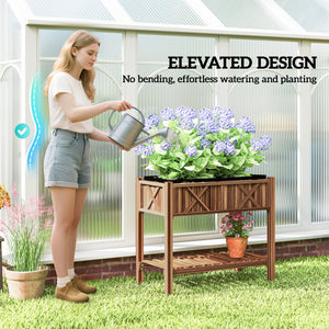 Wooden Raised Garden Bed, Elevated Planter Box with Storage Shelf, Drainage Holes and Liner – view 12