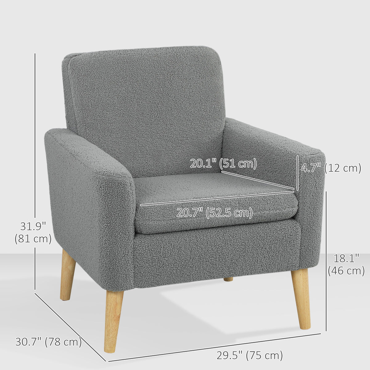 Fabric Accent Chair, Modern Upholstered Armchair with Wood Legs and Wide Padded Seat, Grey
