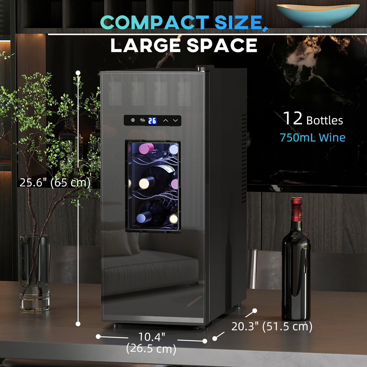 Wine Fridge, 12 Bottle, Under Counter Drinks Beer Wine Cooler with Glass Door, LED Light, Temperature Control