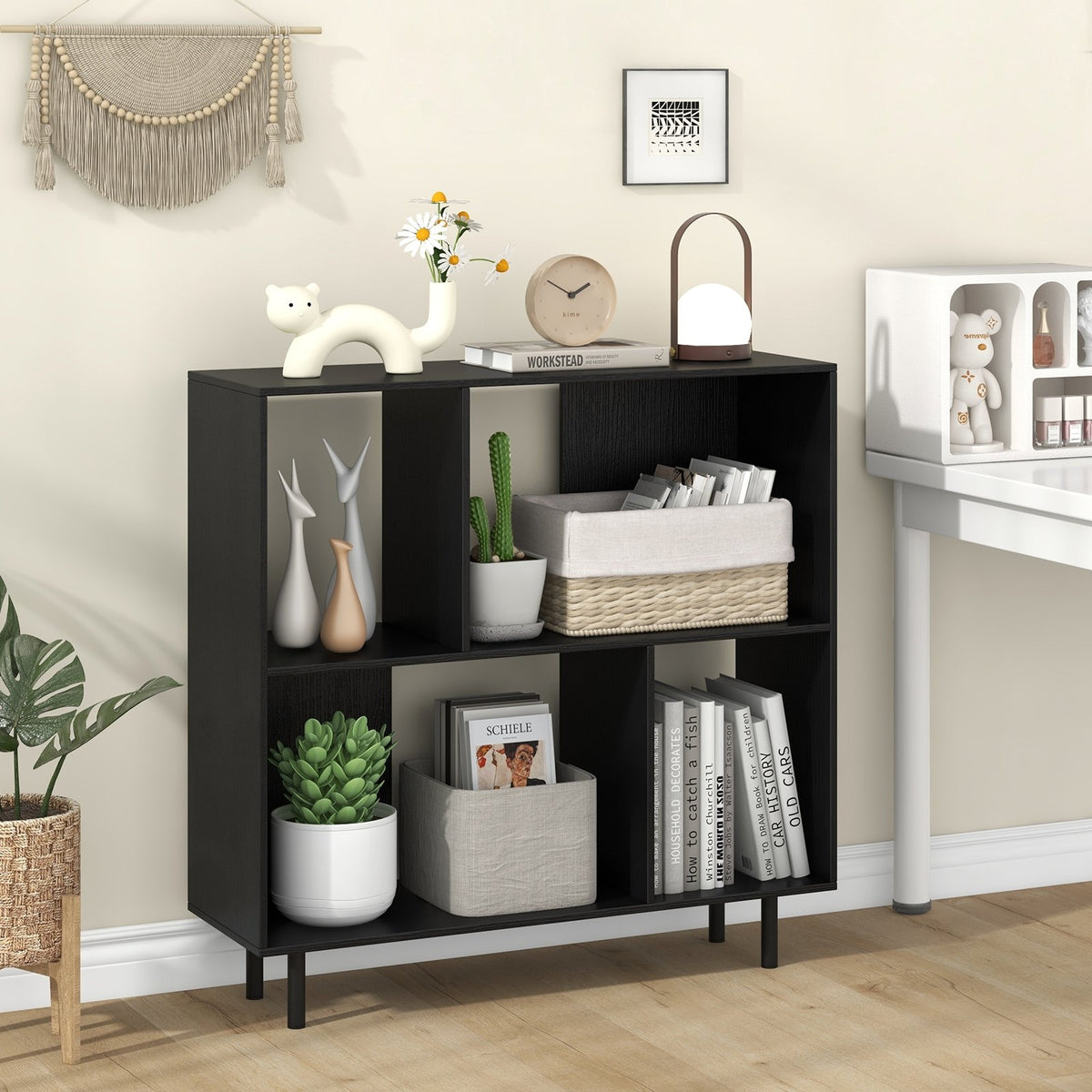 Open Shelf Bookcase with 4 Compartments-Black view 2