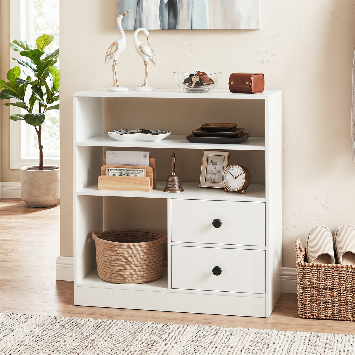 Open Storage Cabinet with 3 Open Compartments and 2 Drawer-White view 2