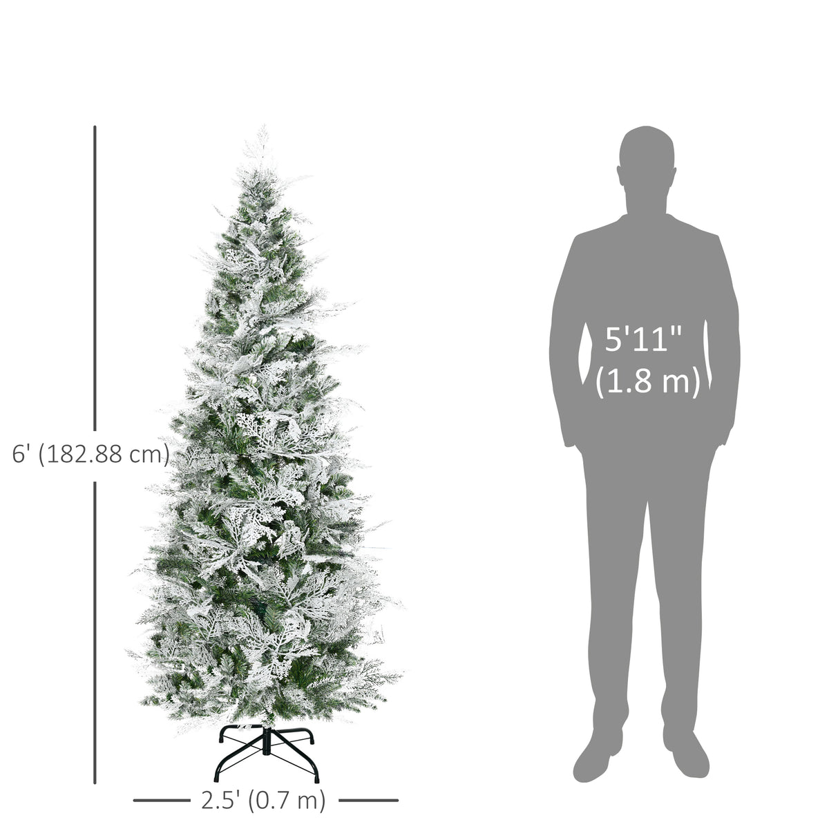 6 Feet Pencil Snow Flocked Artificial Christmas Tree with 517 Realistic Cypress Branches, Auto Open, Green – view 2
