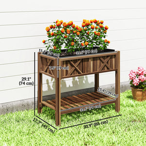 Wooden Raised Garden Bed, Elevated Planter Box with Storage Shelf, Drainage Holes and Liner – view 9
