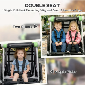 Aosom 2 Seat Bike Trailer for Kids 2-in-1 Double Baby Stroller with Handbrake, Rubber Wheels, 5 Point Harness, Waterproof Cover, Storage Bag, Reflectors