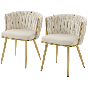 Modern Dining Chairs Set of 2, Velvet-Feel Upholstered Kitchen Chairs with Woven Backrest and Metal Legs, Cream White